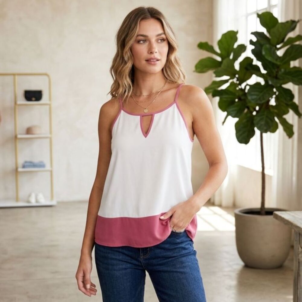 Zenana Outfitters Colorblock Cami Tank Top Keyhole Neck Pink White Medium M